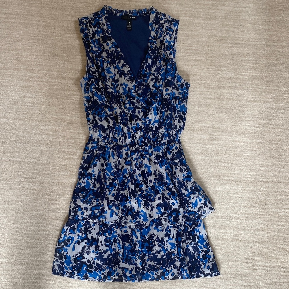 Aqua Blue and Black Floral Mini Dress